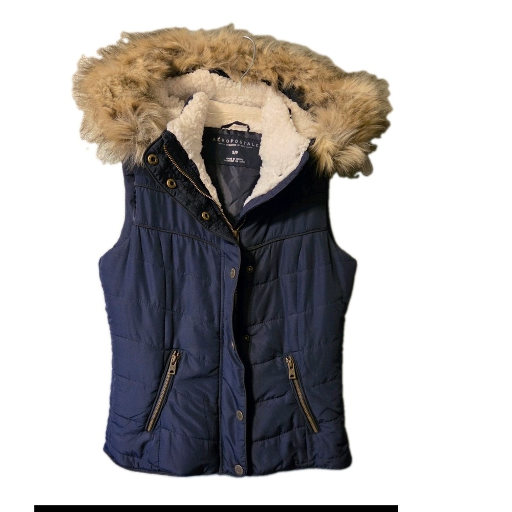 Aeropostale Navy Blue Puffer Vest Sherpa Lined Faux Fur Hood Women Small